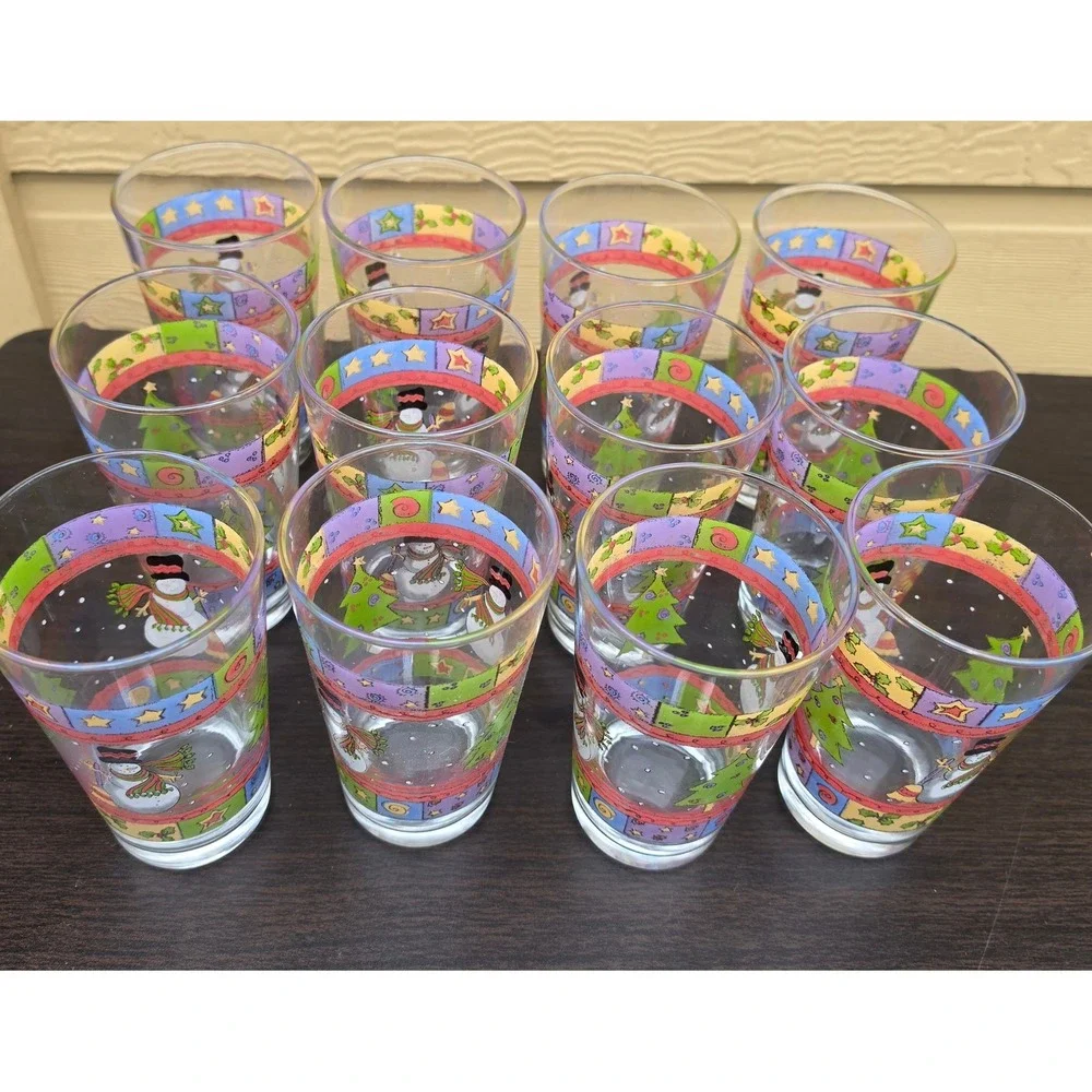 Sue Zipkin Snowman Christmas‎ Glass Tumblers Set of 12 Holiday Drinking Glasses